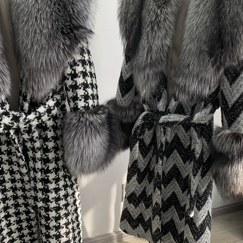 Luxury Fur Coats with Fox Fur Collar Winter Thick Women Houndstooth Long Real Fox Overcoats Belted Female Plaid Jackets 2 Colors