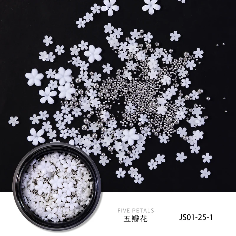 

3-6mm Lovely&Sweety Flowers Pure Decals White 5petals (Silver,Gold,Rose Mirco) Resin Summer Fresh 3D Nail Art Decorations MIx25