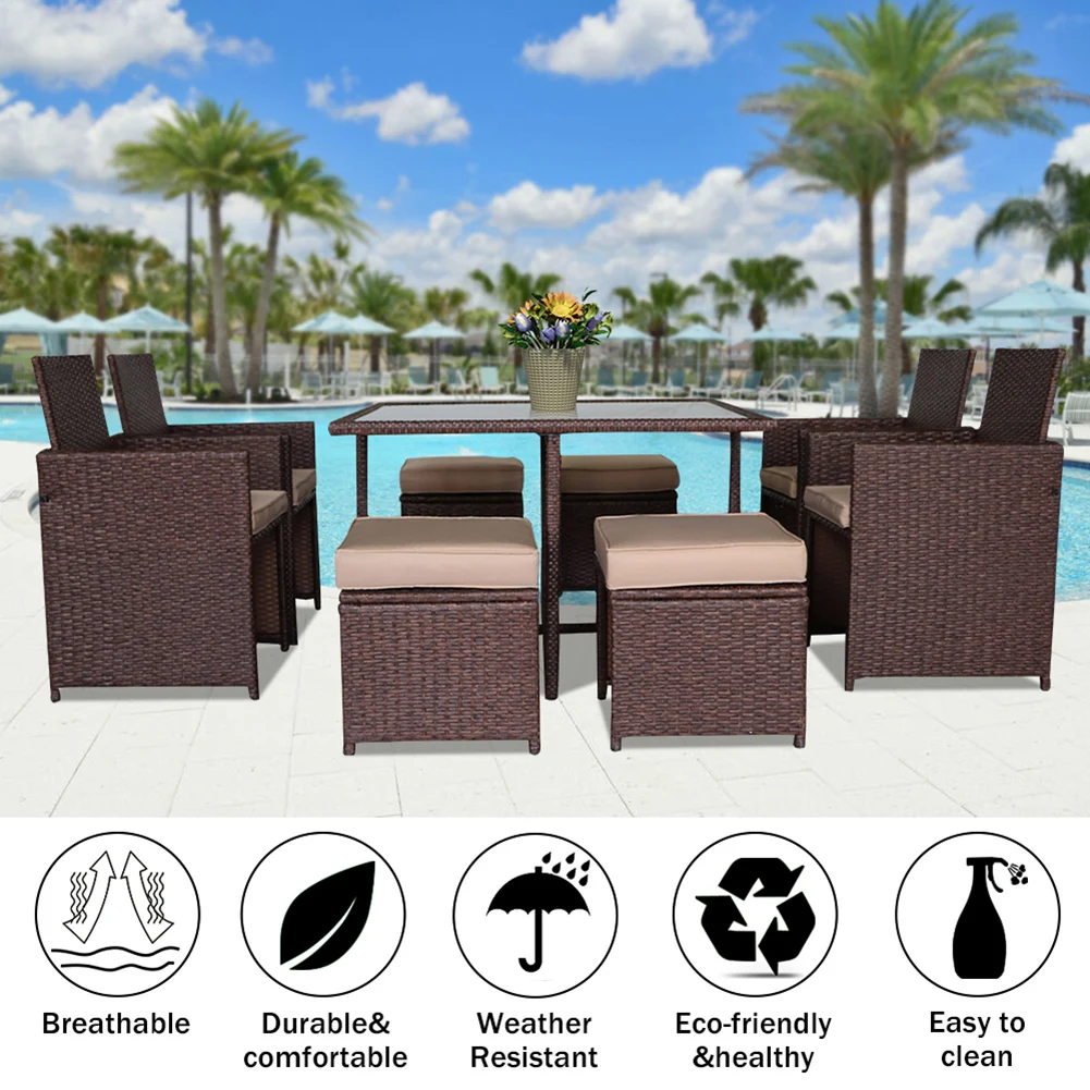

9 Pieces Wood Grain PE Wicker Rattan Dining Ottoman with Tempered Glass Table Patio Furniture Set