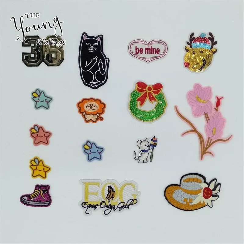 

20pcs/lot Embroidery Patch Letter Clothing Decoration Star Cat Chrismas Mouse Tiger Sewing Accessory Iron Heat Transfer Applique