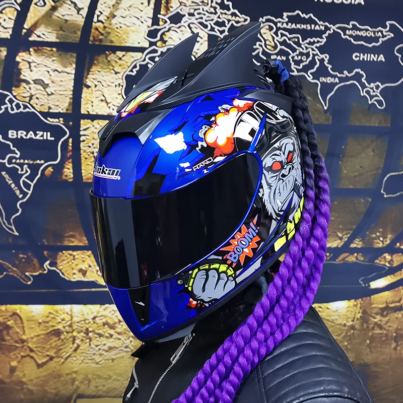 Full Face Safe Motorcycle Helmet double lens latest version ABS Material Motocross Helmet Motorbike Individuality braids horns