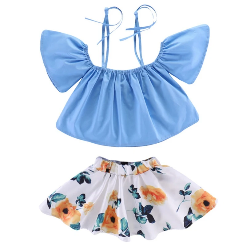 Модная летняя одежда для маленьких девочек синий топ на подтяжках и белая юбка с