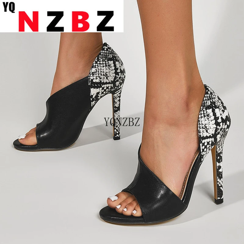 

YQNZBZ Summer Gladiator Sandals Women Fashion Black Snake Printi Stiletto Heels Sexy Open Toe Slip-On Party Stripper Shoes