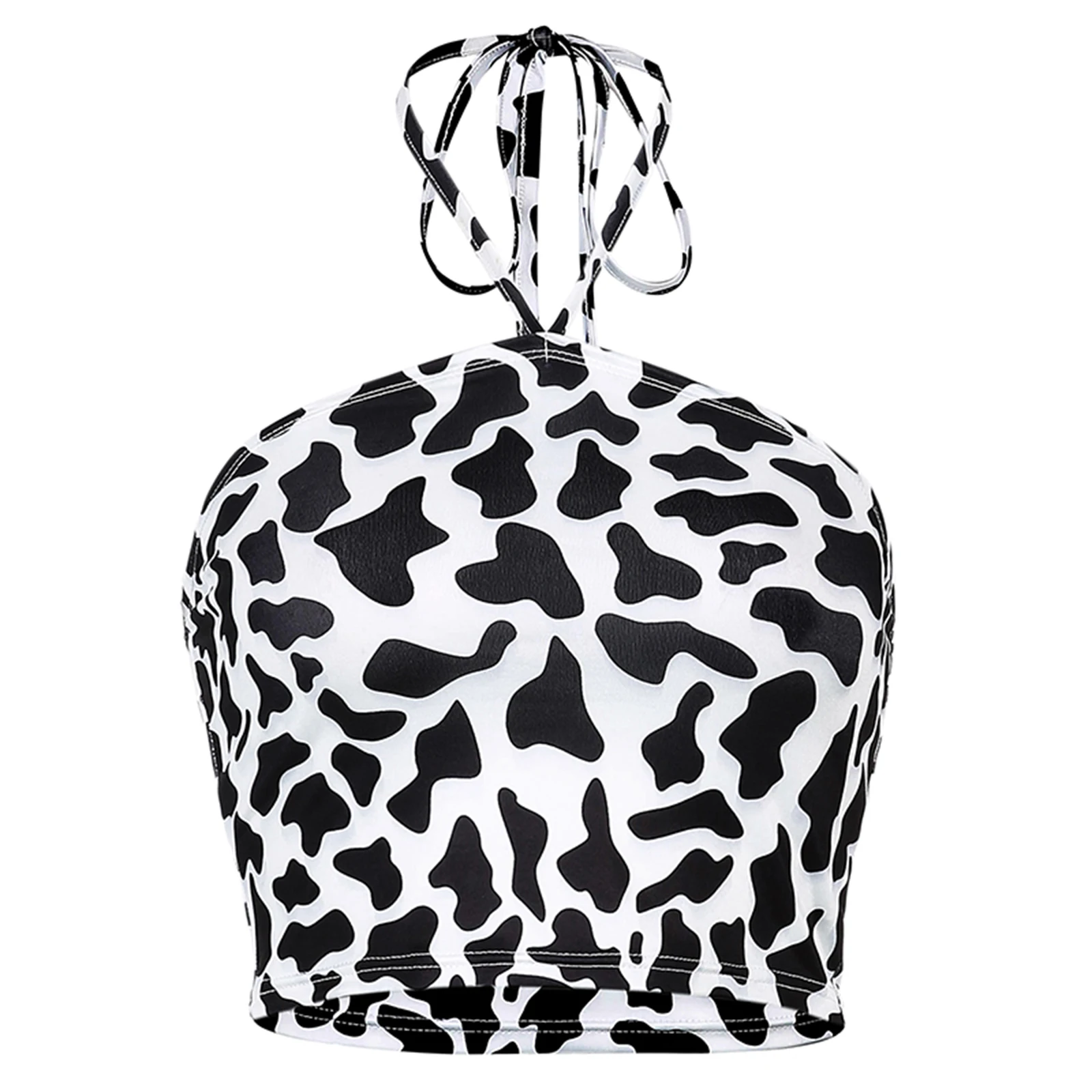 

Women\u2019s Fashion Cow Pattern Vest Summer Sexy Halter Boat Neck Exposed Navel Slim Fit Camisole
