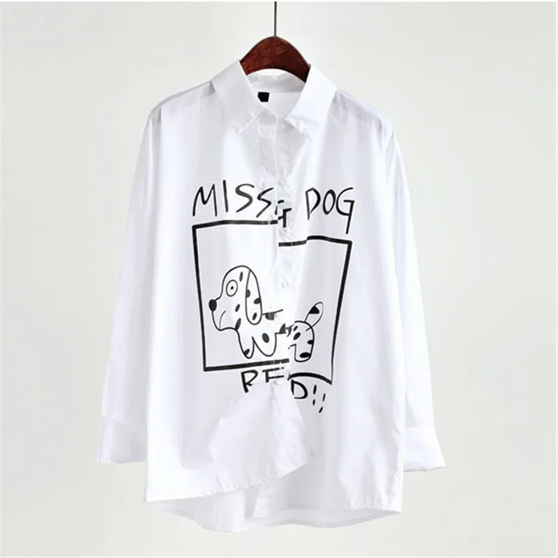 white color dogs Neploe/Повседневная Свободная рубашка с принтом персонажей из мультфильма, весна-лето, однотонная белая блузка с отложным воротником, Harajuku, Корейская блуза 69669 - Цвет: white color dogs