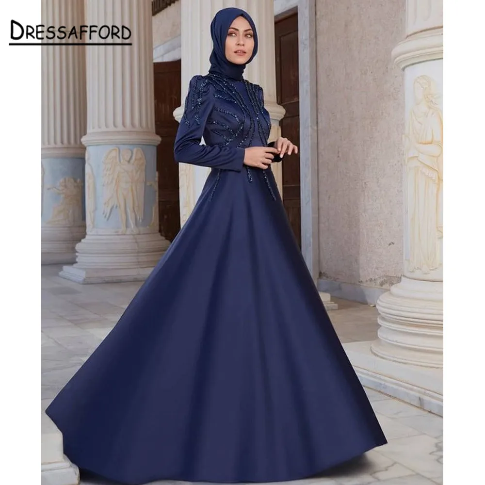 

Роскошные вечерние платья Королевского синего цвета в мусульманском стиле, расширяющиеся бисером, трапециевидные для женщин, для свадебной вечеринки