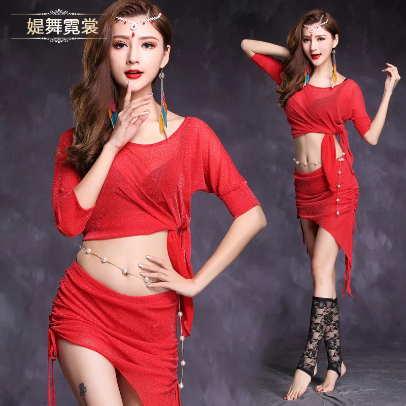 

Women belly dance costumes bellydance top and short skirt set group training practice performance clothes sexy dance uniforms
