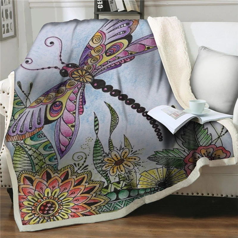 

Cartoon Colorful dragonflies print Sherpa Blanket Thicken Soft Flannel Blankets Sofa Bedding Bedspread quilt Cover Home textiles