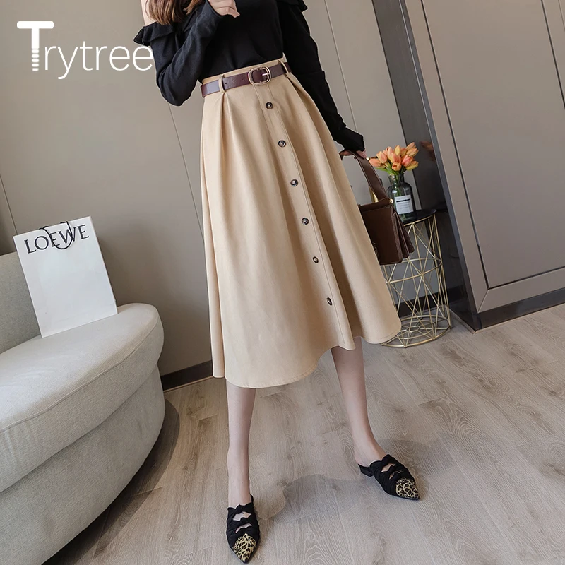 Trytree/, осенне-зимняя женская повседневная юбка в стиле ампир, 5 цветов, трапециевидная модная юбка на элегантных кнопках, пояс до середины икры, Офисная Женская юбка