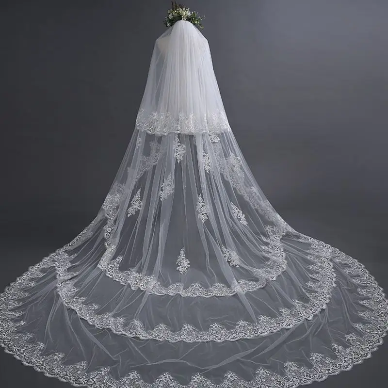 

New Arrival Ivory Cathedral Wedding Veils Long Lace Appliques Bridal Veil with Comb Wedding Accessories Boda bride mariage