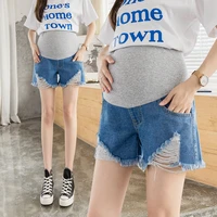 6821 summer casual denim maternity short jeans adjustable belly shorts for pregnant women ripped hole wide leg loose pregnancy