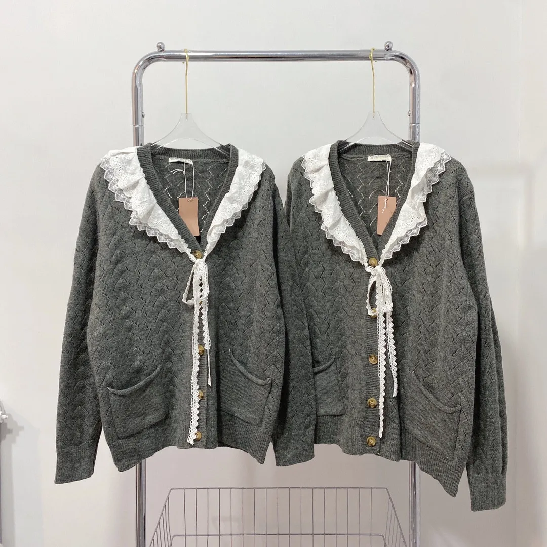

2021 autumn and winter new manual lace collar knitting heavy industry thick sweater cardigan women's coat
