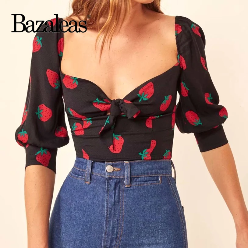Bazaleas праздник центр лук женские топы и блузки Вишневый принт черный blusas mujer de moda