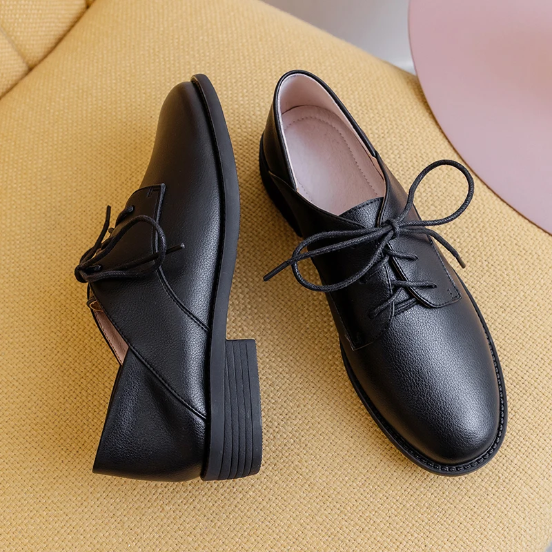 

2021 Spring Genuine Leather Chunky Heels Pumps British Style Women Shoes cow Leather Working Party Shoes Woman Heels
