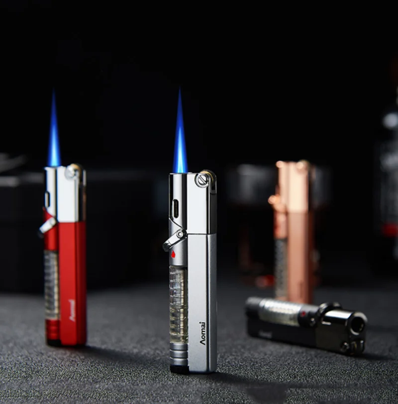 Креативная газовая зажигалка непродуваемая металлическая мини с синим пламенем