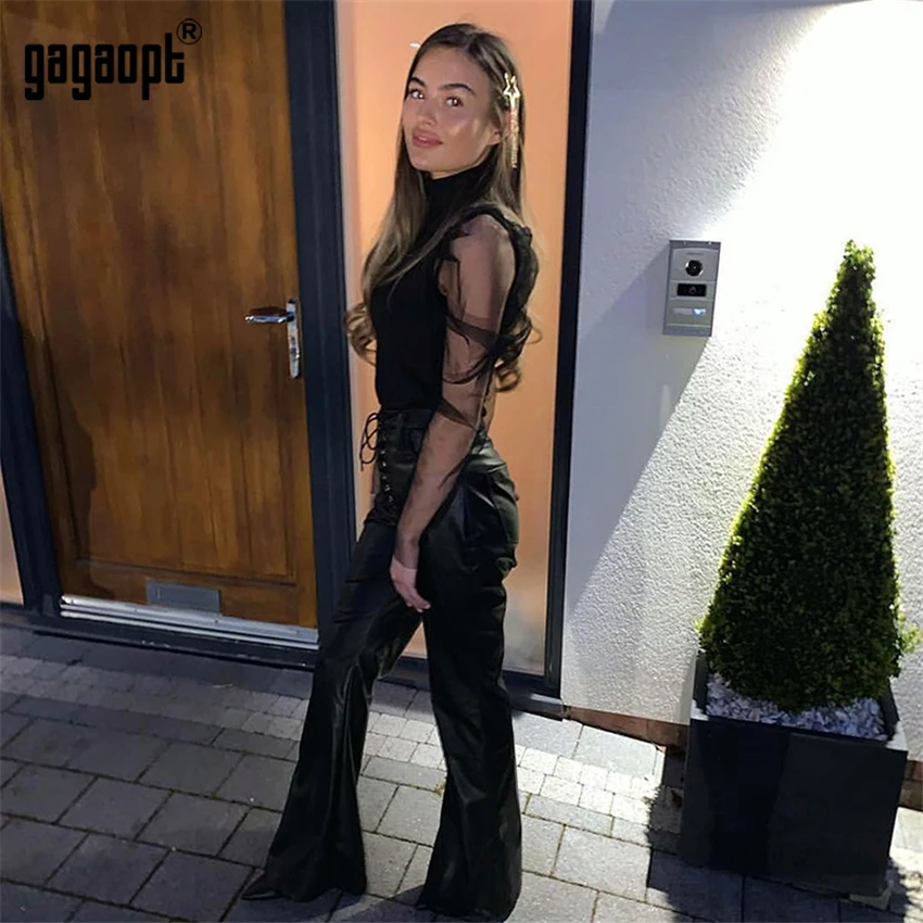 Gagaopt O Neck Mesh Crop Tops Women Autumn Shirts Lady Sexy Perspective Stitching Party Blouse