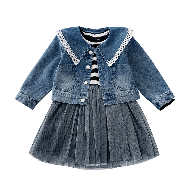 

The new 2021 girls in the spring and autumn brim cuhk children's stripes even clothes veil long-sleeved cowboy coat two-piece