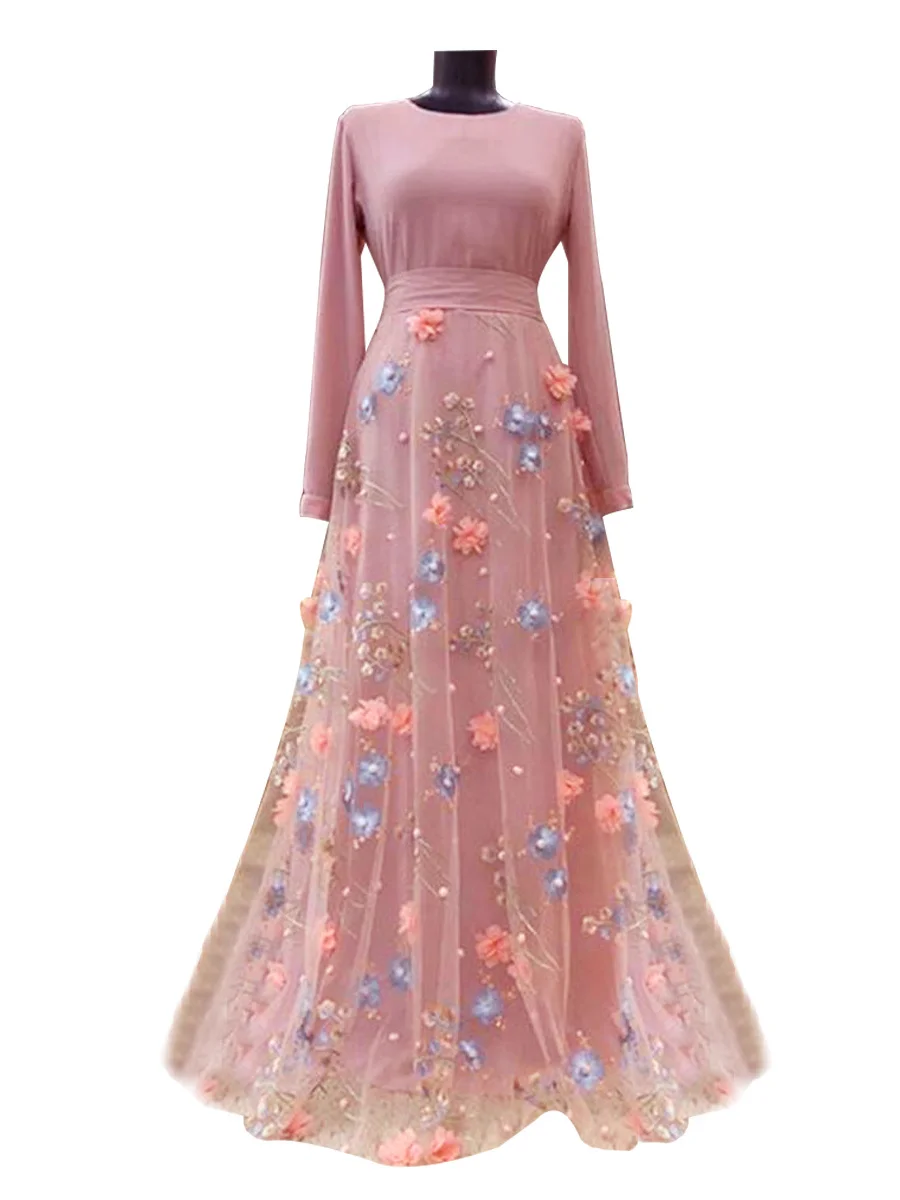 

Europe and the United States new embroidered three-dimensional flower dress hollow stitching long dress Muslim women's clothing