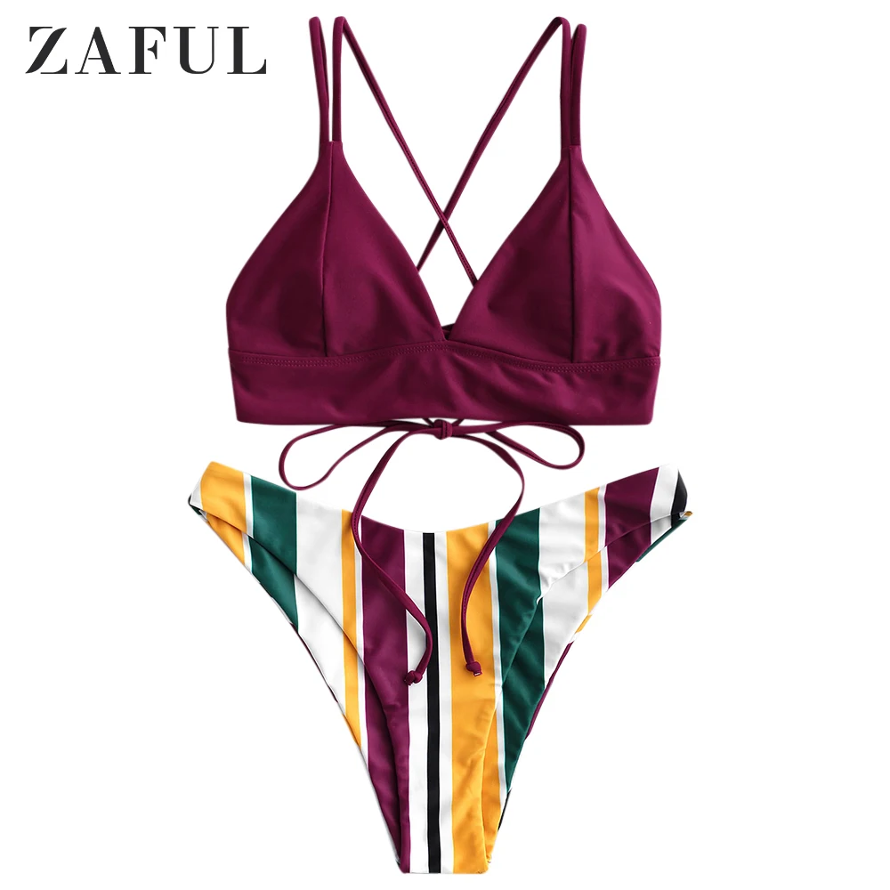 Velvet Maroon ZAFUL бикини крест-накрест на шнуровке Мульти полосатый с высоким вырезом бикини Спагетти ремни Мягкий сексуальный купальник купальный костюм с пуш-ап - Цвет: Velvet Maroon