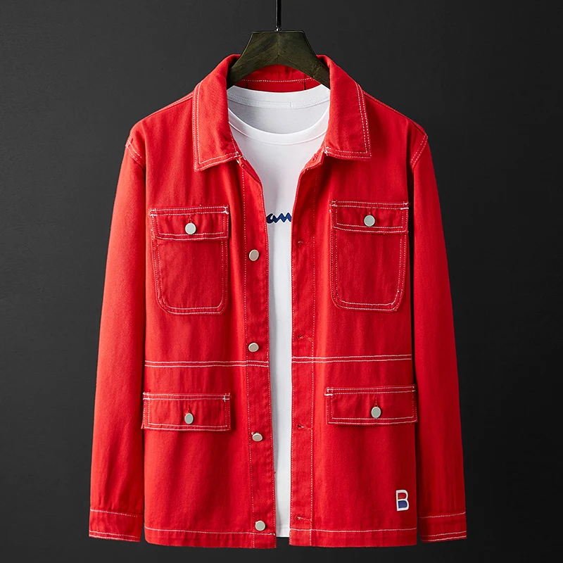 

Мужская короткая джинсовая куртка в стиле милитари, с воротником-стойкой