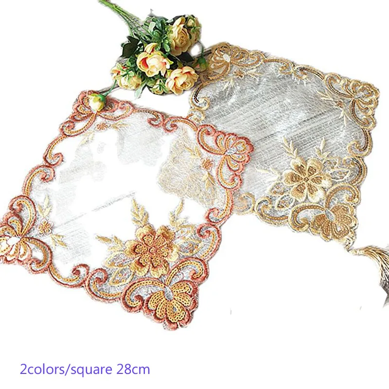 

HOT gold sequin Lace Embroidery table place mat Christmas pad Cloth dish placemat cup mug dining tea coaster drink doily kitchen