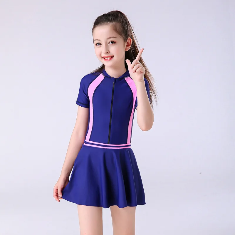 

New Child Swimwear Girls Swimwear Boxers One Piece Swimming Suit Skirt Diving Suit Children Bathing Suit Zipper Tight Swimsuit