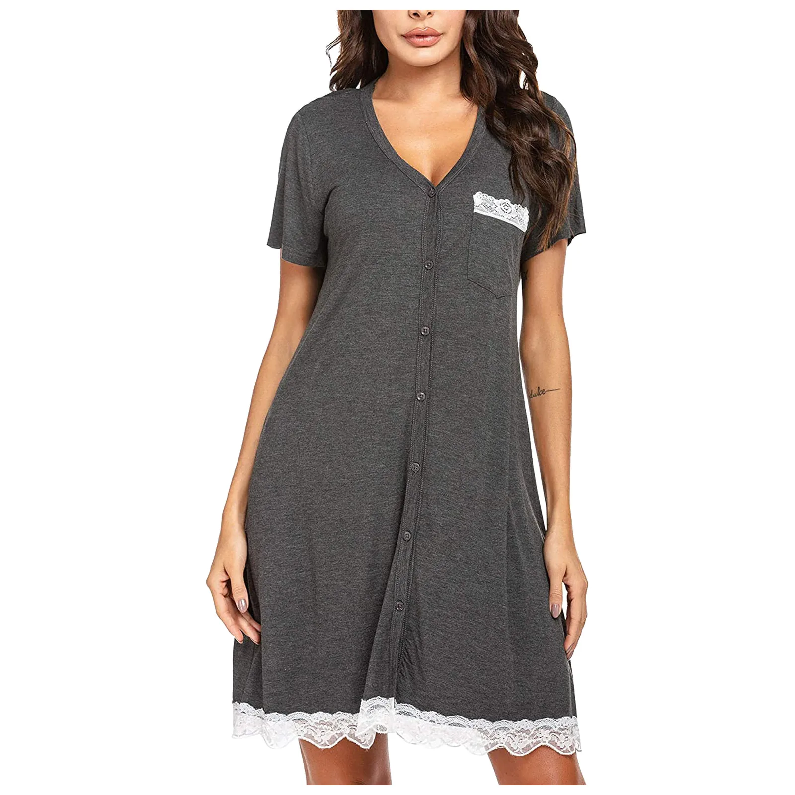 

Women Sleepwear Shirt Night Dress Casual Loose Lace Patchwork Short Sleeve Button Solid Color V-Neck Nightdress nuisette femme