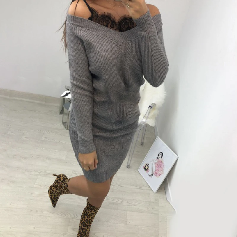 Женское платье свитер однотонное кружевное мини с v образным вырезом и длинным