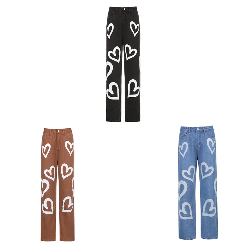 

Harajuku High Waist Trousers Heart Printed Brown Baggy Jeans for Girls 2021 Aesthetic Straight Denim Pants Women Streetwear