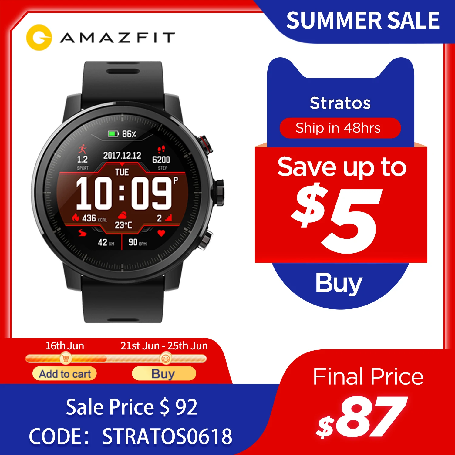 

Original Amazfit Stratos Smartwatch Smart Watch Bluetooth GPS Calorie Count 50M Waterproof for Android iOS Phone