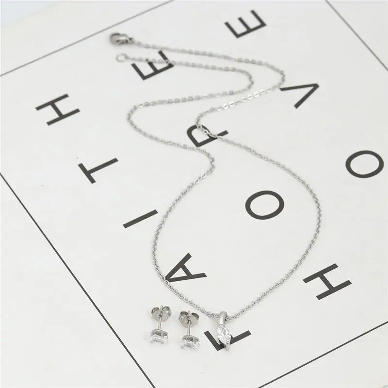 

1 Set Stainless Steel Necklace Earrings Set Heart Leaf Drop Clear Cubic Zirconia Women Jewelry Gift 44.8 - 44.5cm Long