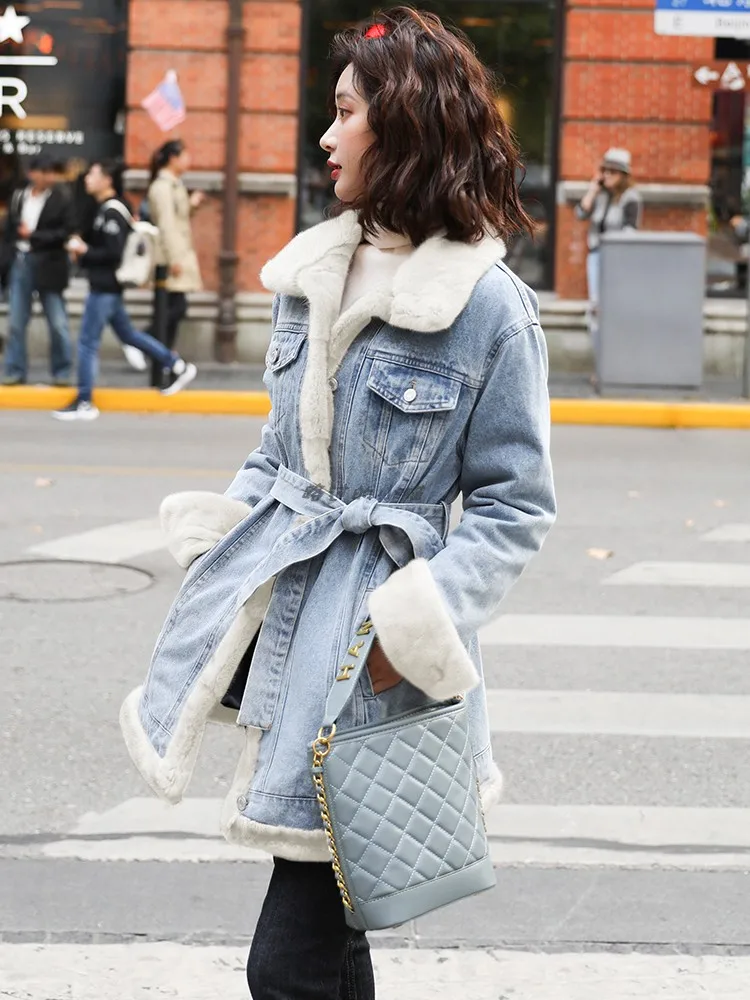 

Denim cotton coat Women mid-length winter imitation lamb wool plus velvet thick coat adjustable waist denim cotton jacket Women