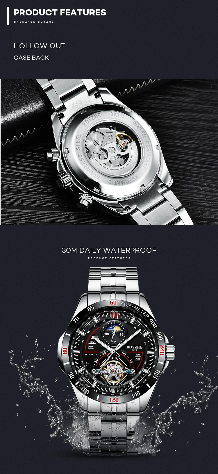 BOYZHE новые автоматические механические часы мужские Tourbillon часы Мужские 316 стальные часы 30 м водонепроницаемые спортивные часы светящиеся
