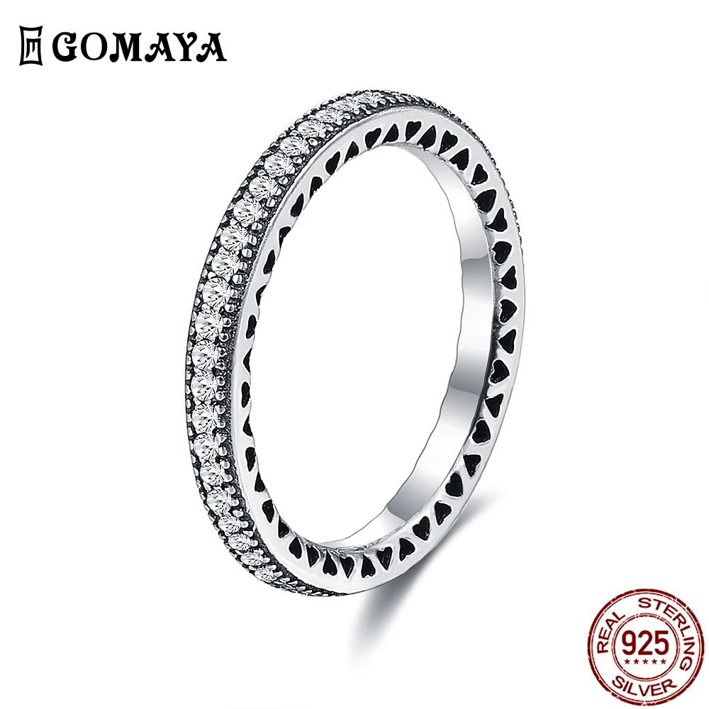 

GOMAYA 925 Sterling Silver Hearts Ring 5A Clear Cubic Zircon Fine Stackable Vintage Classic Luxury For Women Engagement Jewelry