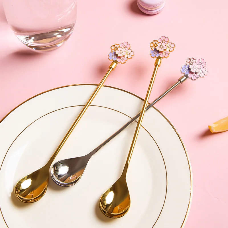 

1PC Stainless Steel Coffee Scoop Retro Cherry Blossoms Dessert Spoon Exquisite Ice Cream Dessert Spoon Long Handle Mixing Spoon
