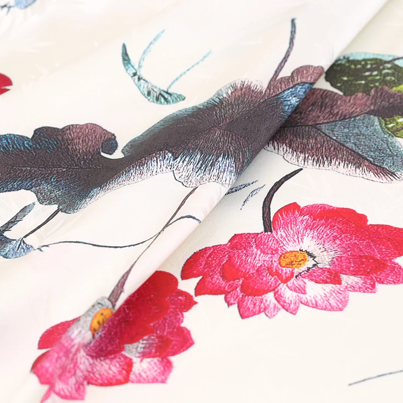 108cm wide silk stretch satin fabric meter 19mm dress cheongsam chinese lotus printed wholesale cloth | Дом и сад