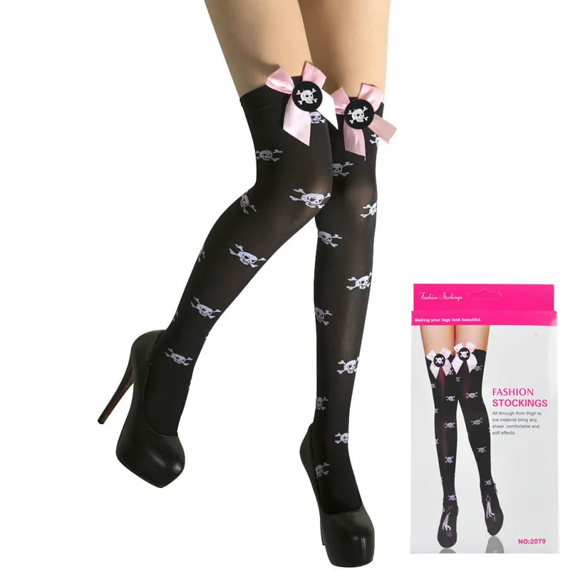 

2021 New Girls Stockings Pink Bow Lace Skeleton Head Jacquard Knee Length Ladies Skull Dress