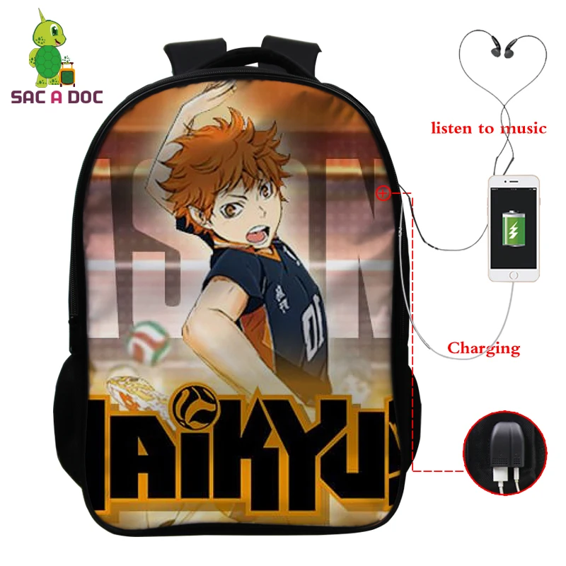 

Haikyuu Casual USB Backpacks Students Harajuku Bookbag 16 Inch Teenager School Bags Boys Girl Funny Back Pack Men Women Book Bag