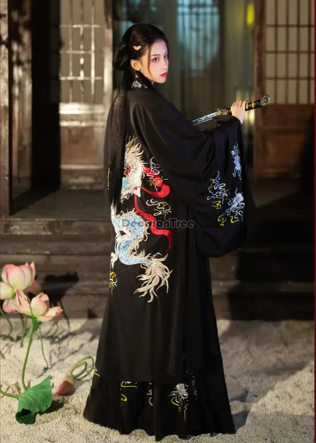 

Традиционный костюм hanfu в китайском стиле унисекс с вышивкой дракона, пальто с большими рукавами, костюм для выступлений в восточном стиле, ...