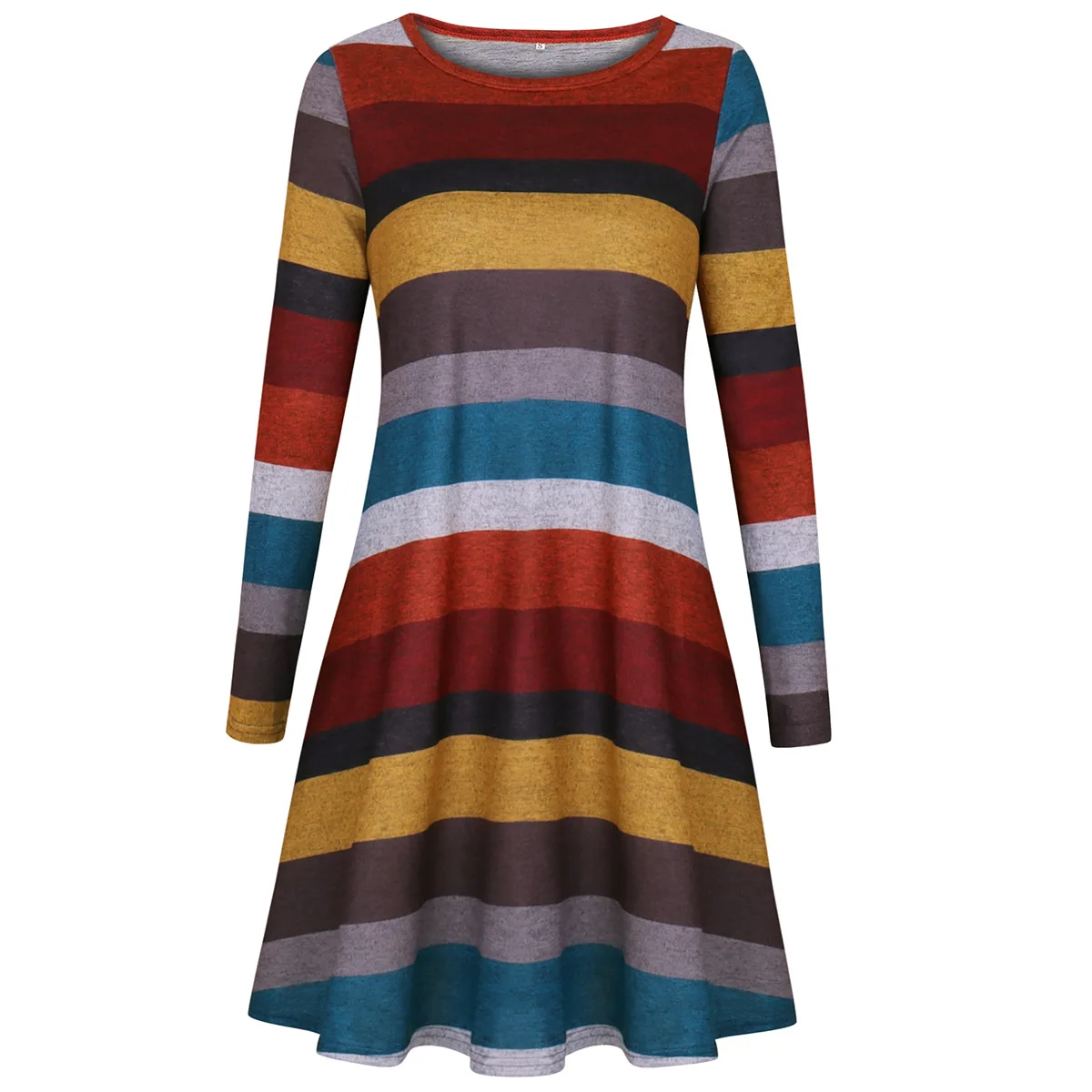 2020 European and American Women's Hot Short Dress New Wide Color Stripe Long Sleeve M274 | Женская одежда