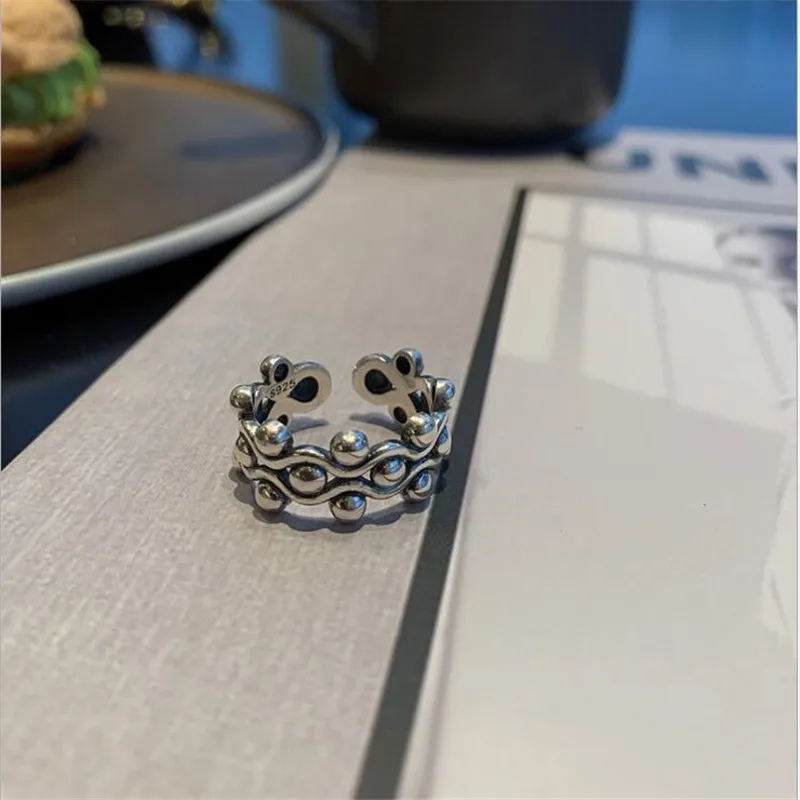 

YIKUF88 s925 Sterling Silver Women Ring retro ethnic style arranged silver beads open ring multi-layer punk hip-hop ring