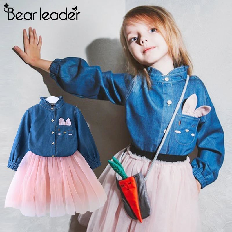 Bear Leader Girls Dress Casual Style Christmas Long Sleeve Denim Cartoon Embroidery Shirt+Mesh 2pc for Clothes | Детская одежда и