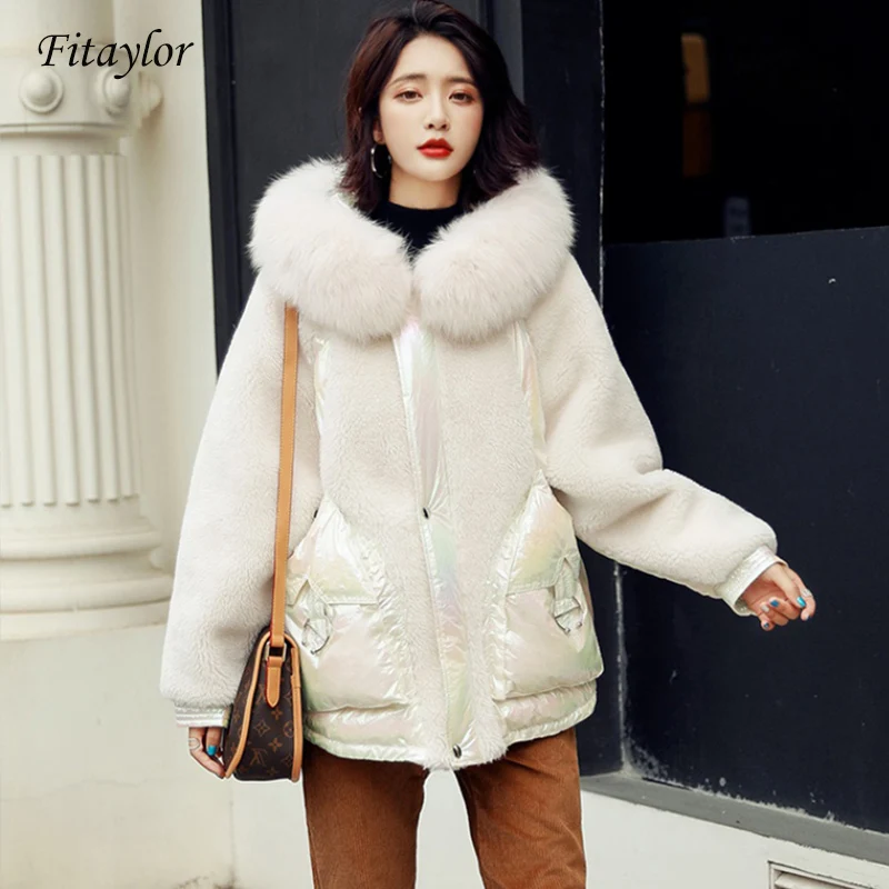 Fitaylor новые женские пальто из натурального Лисьего меха пуховая куртка яркие парки с капюшоном сбоку женские шерстяные Лоскутные пуховики Верхняя одежда