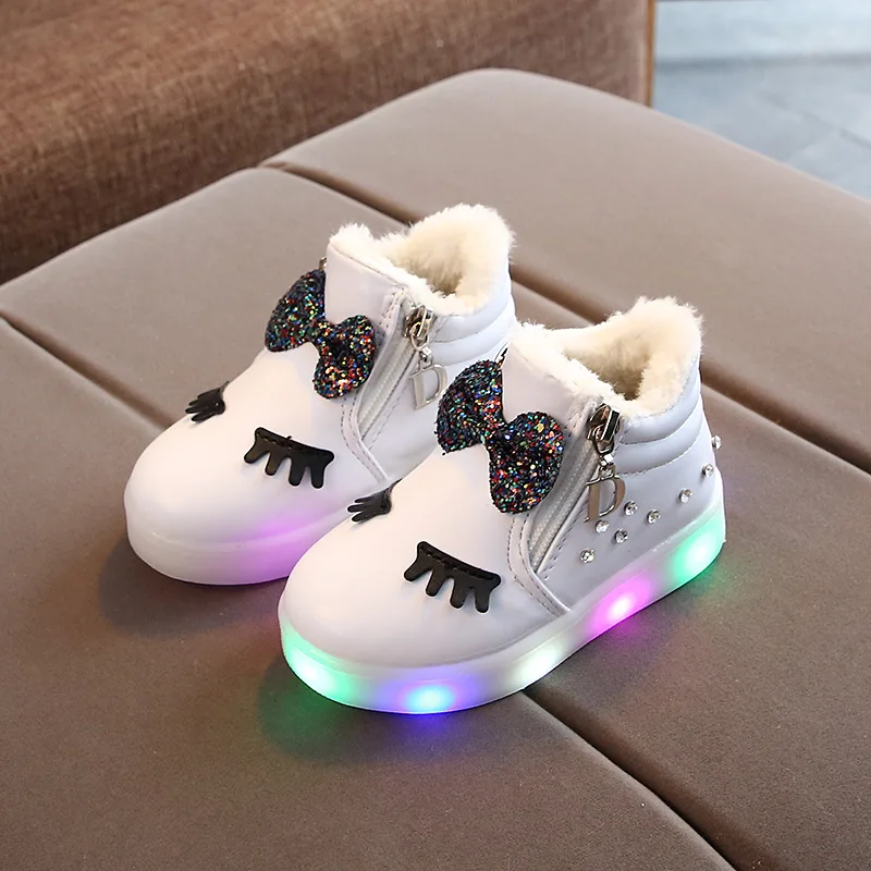 White Fur cartoon Fashion Snow winter children boots Cute hot sales kids casual sneakers Lovely butterfly girls shoes - Цвет: White
