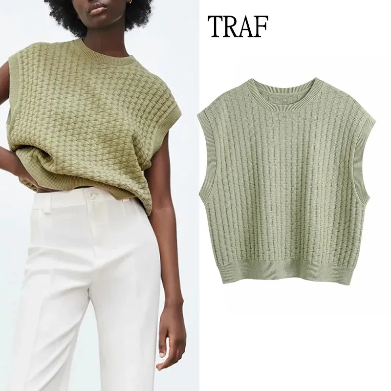 TRAF Za Women Sweater Vest 2021 Autumn Women's Clothing Loose Sleeveless Sweater Female Vintage Women's Knitted Vest Chic Tops