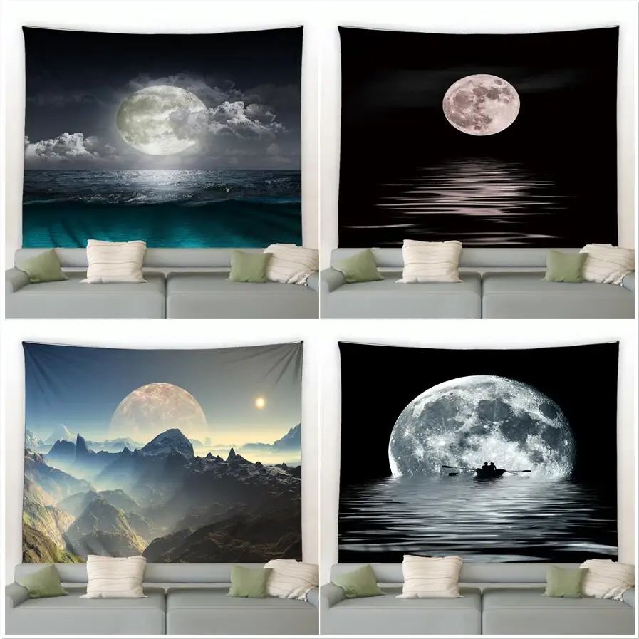 

Ocean Moon Tapestry Natural Landscape Night View Tapestries Modern Home Living Room Study Dorm Decor Wall Hanging Mural Screen