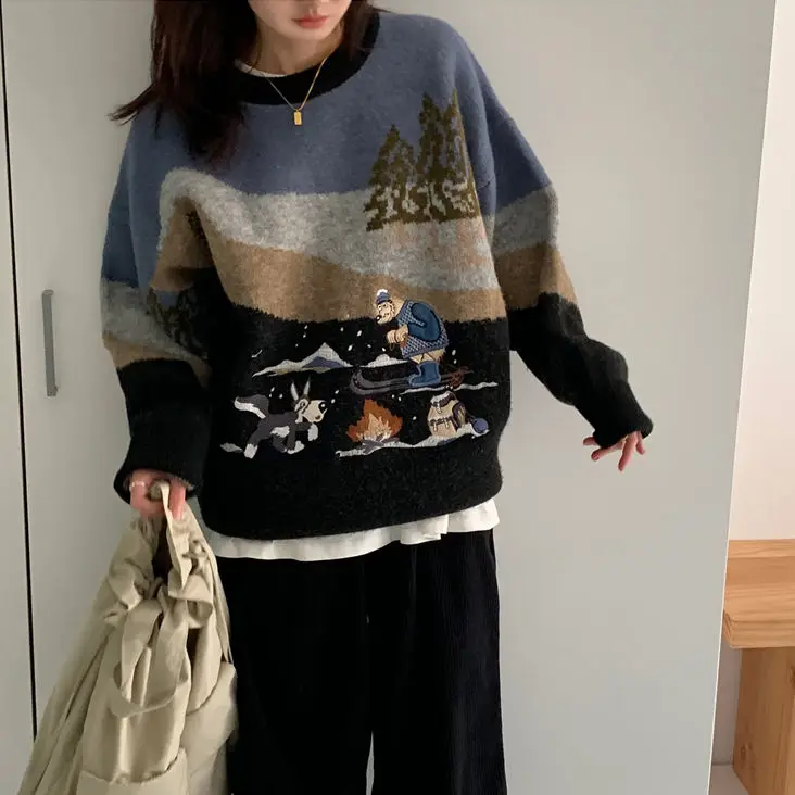 Черный Woherb Pull Femme, осенне-зимний вязаный свитер в стиле Харадзюку, Женский контрастный пуловер с мультяшной вышивкой, джемпер, корейские свитера - Цвет: Черный