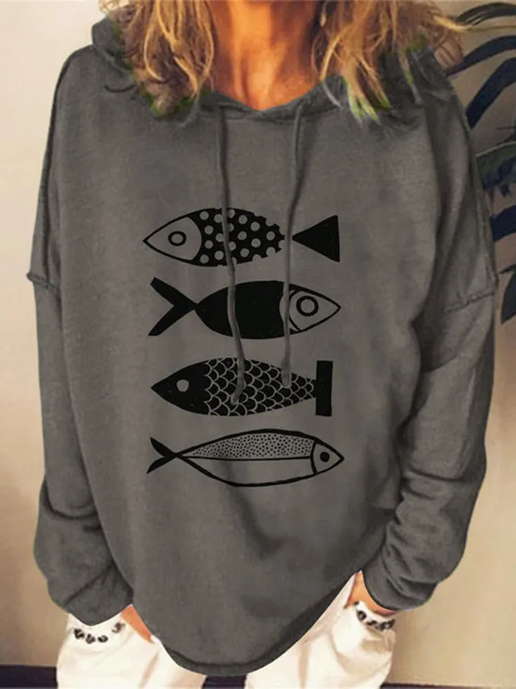 

New Pure Color Hooded Print Sweatshirt Drawstring Loose Sweatshirt Green/Gray Sweatshirt Printed Fish Pattern Sweatshirt