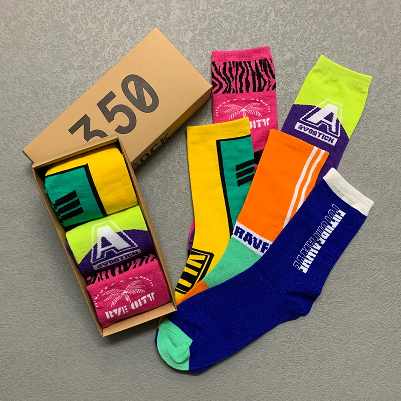 3 Pairs/Box Original Letter Stockings Cotton Harajuku Color Hip Hop Japanese Sport Men Women Long Socks Fashion Gifts Streetwear