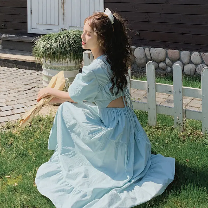 

Female Loose Ruffles Dress Casual Street Lady Boho Vestidos Wonder Puff Sleeve Long Maxi Dress Vintage Backless